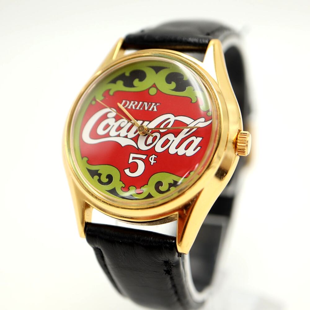 Vintage Coca-Cola 36mm Mechanical Watch Manual Black Leather Promo Collectible